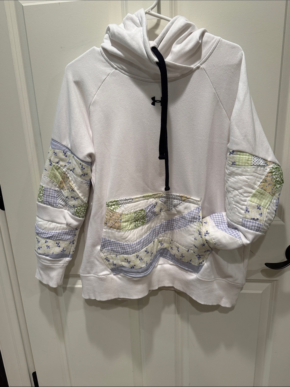 One of a kind upcycled under armour large white hoodie w purple quilt